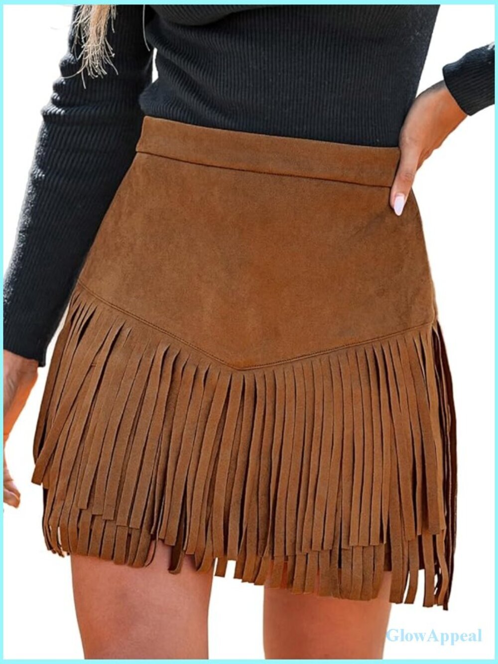 High Waist Fringe Mini Skirt with Tassel Hem Cowgirl Concert Skirt Suede